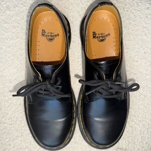 Dr. Martens Black Leather Oxfords with Yellow Stitching
